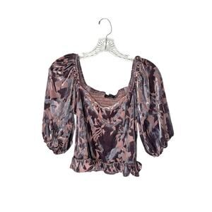 ontwelfth Purple Burnt Velvet Puff‎ Sleeve Smocked Ruffle V-Neck Shirt Size M